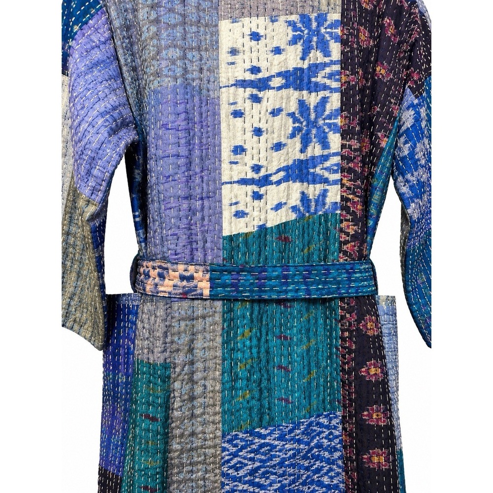 Vintage Silk Kantha Patchwork Robe Handmade Quilted Kimono Belted One Size - Picture 5 of 10